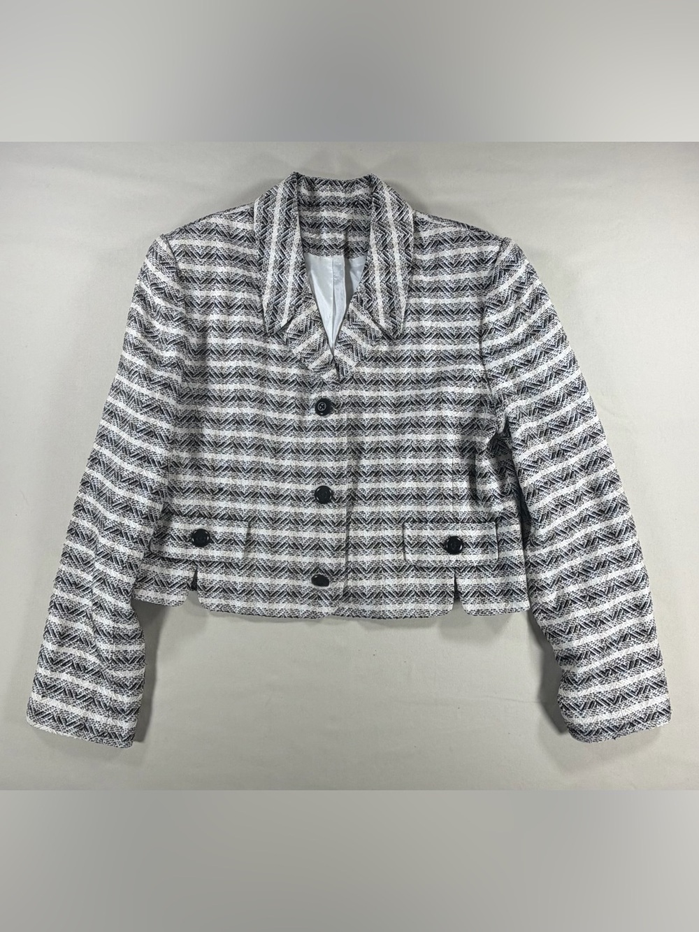 Ann May Women's Cropped Tweed Jacket in Black & White silk blend sz 10
